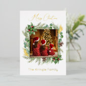 タイポグラフィモダンメリークリスマスリース写真 箔シーズンカード (立ち正面)