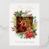 タイポグラフィモダンメリークリスマスリース写真 箔シーズンカード (正面)