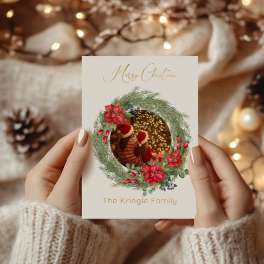 タイポグラフィモダンメリークリスマスリース写真 箔シーズンカード