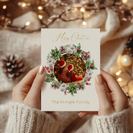 タイポグラフィモダンメリークリスマスリース写真 箔シーズンカード