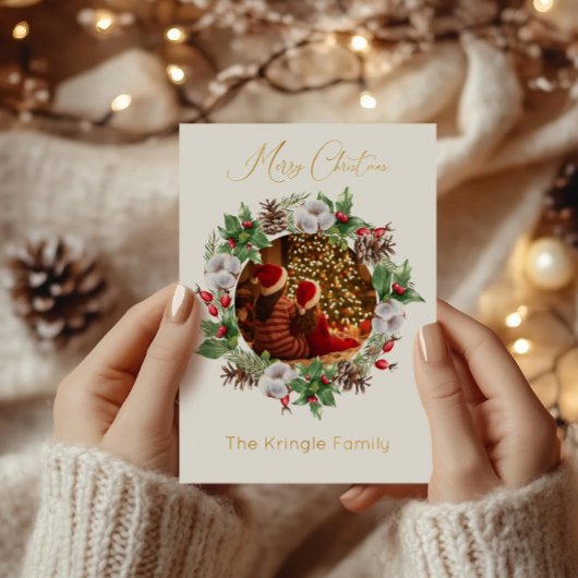 タイポグラフィモダンメリークリスマスリース写真 箔シーズンカード