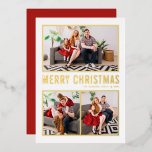 タイポグラフィモダンメリークリスマス3枚写真 箔シーズンカード<br><div class="desc">メリークリスマス!このカスタマイズ可能な金ゴールドフォイルのクリスマスフォトカードで家族や友人にクリスマスの挨拶を送る。それはシンプルタイポグラフィとクリスマスツリーを特徴とする。文字は、すべての挨拶のために完全にカスタマイズ可能である。このモダンクリスマスカードは他のホイル色で利用可能。</div>