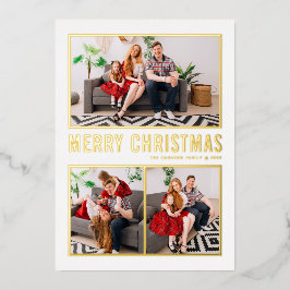 タイポグラフィモダンメリークリスマス3枚写真 箔シーズンカード