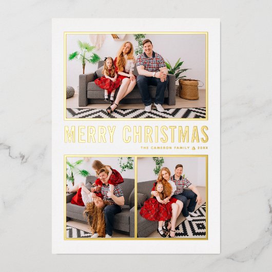 タイポグラフィモダンメリークリスマス3枚写真 箔シーズンカード (正面)