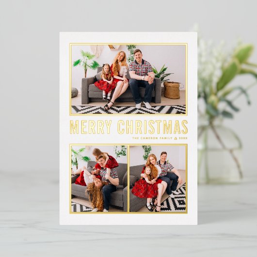 タイポグラフィモダンメリークリスマス3枚写真 箔シーズンカード (立ち正面)