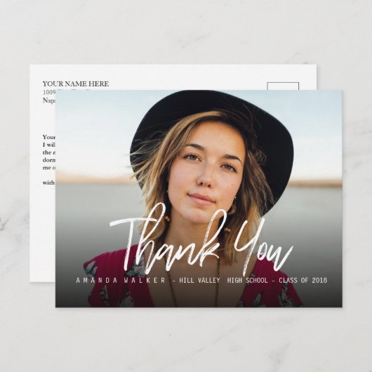 タイポグラフィモダン写真卒業ありがとう 案内ポストカード (正面/裏面)