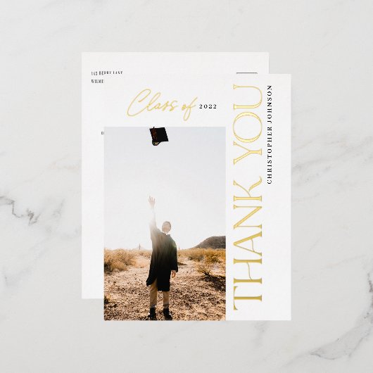 タイポグラフィモダン卒業ありがとうフォトフォイル 箔招待状ポストカード (正面/裏面)