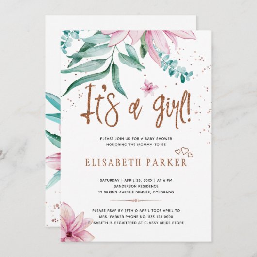 タイポグラフィモダン女の子フローラの赤ちゃんシャワー 招待状 (正面/裏面)