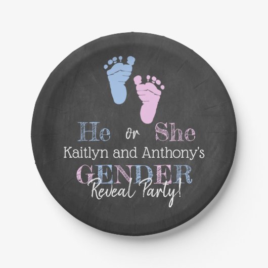 タイポグラフィモダン性差別パーティーを明らかにする!赤ちゃんシャワー ペーパープレート (正面)