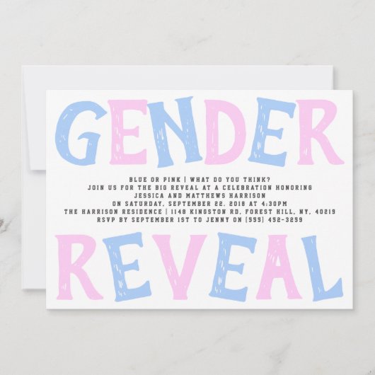 タイポグラフィモダン性差別パーティーを明らかにする!赤ちゃんシャワー 招待状 (正面)