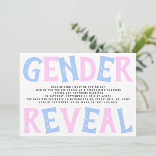 タイポグラフィモダン性差別パーティーを明らかにする！赤ちゃんシャワー 招待状 (スタンド正面)