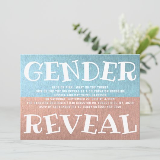 タイポグラフィモダン性差別パーティーを明らかにする！赤ちゃんシャワー 招待状 (スタンド正面)