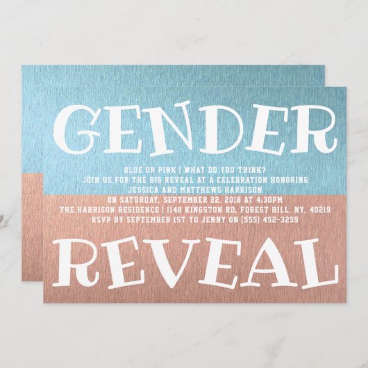 タイポグラフィモダン性差別パーティーを明らかにする！赤ちゃんシャワー 招待状 (正面/裏面)