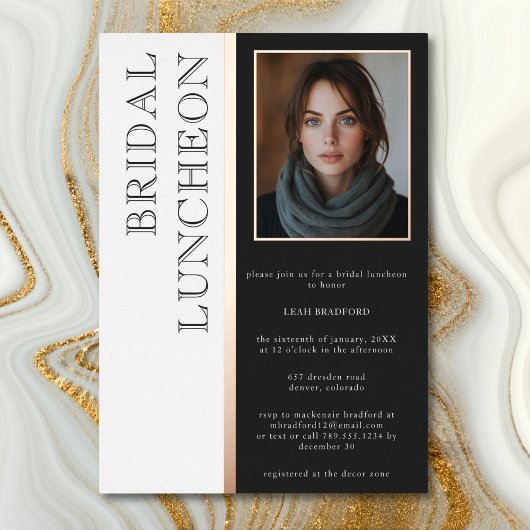 タイポグラフィモダン白黒フォトブライダルランチ 箔招待状