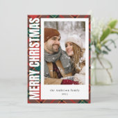 タイポグラフィモダン赤と緑の格子模様のクリスマス シーズンカード (スタンド正面)