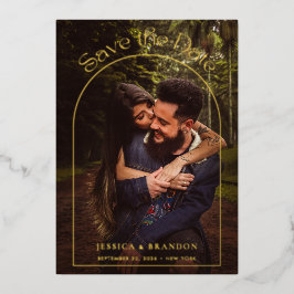 タイポグラフィモダン金ゴールドアーチ写真日付の保存 箔招待状