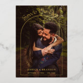 タイポグラフィモダン金ゴールドアーチ写真日付の保存 箔招待状 (正面)