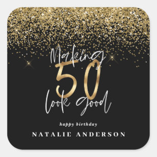 タイポグラフィモダン金ゴールドグリッターシック50th誕生日 スクエアシール