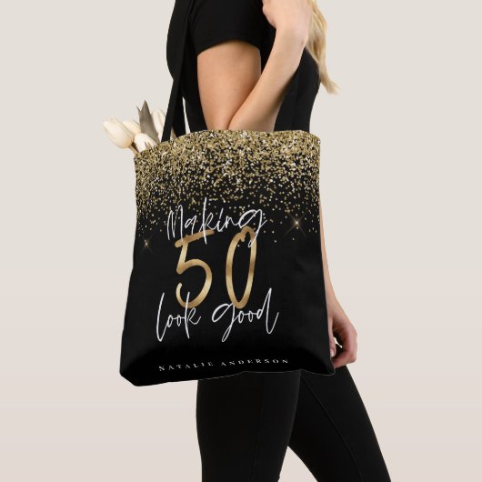 タイポグラフィモダン金ゴールドグリッター50歳の誕生日 トートバッグ (クローズアップ)