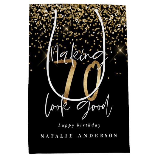 タイポグラフィモダン金ゴールドグリッター70歳誕生日 ミディアムペーパーバッグ (正面)