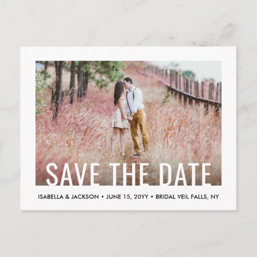 タイポグラフィモダン2写真結婚式の日付を保存 案内ポストカード (正面)