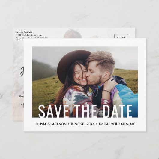 タイポグラフィモダン2写真結婚式の日付を保存 案内ポストカード (正面/裏面)