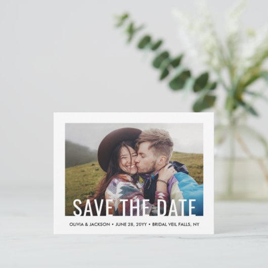 タイポグラフィモダン2写真結婚式の日付を保存 案内ポストカード (スタンド正面)