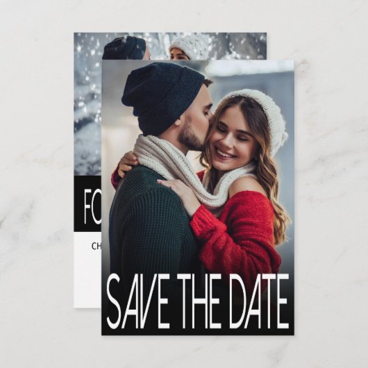 タイポグラフィモダン2枚の写真カードを保存 セーブザデート (正面/裏面)