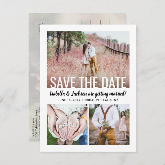 タイポグラフィモダン4写真結婚式の日付を保存 案内ポストカード (正面/裏面)