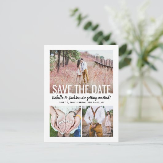 タイポグラフィモダン4写真結婚式の日付を保存 案内ポストカード (スタンド正面)