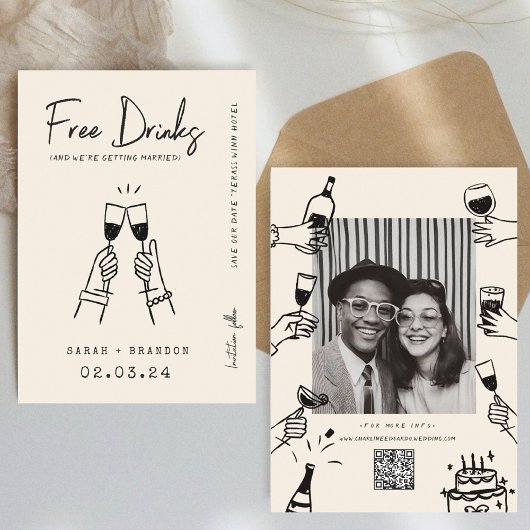 タイポグラフィモダンFunnyFree Drinks写真Qrコード セーブザデート
