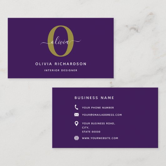 タイポグラフィモノグラムスクリプト名パープルホワイト金ゴールド 名刺 (正面/裏面)
