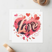 タイポグラフィラブピンクハートバレンタインデーカード ノートカード (正面/裏面インサイチュ)