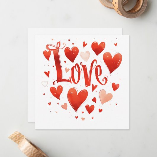 タイポグラフィラブ赤いハートバレンタインデーカード ノートカード (正面/裏面インサイチュ)