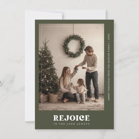 タイポグラフィレジョイスグリーン宗教的クリスマスフォト シーズンカード (正面)