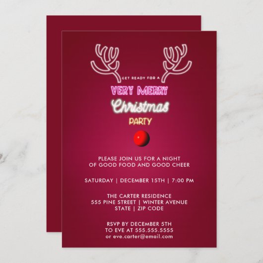 タイポグラフィレッドノーズレモダンイナークリスマス 招待状 (正面/裏面)