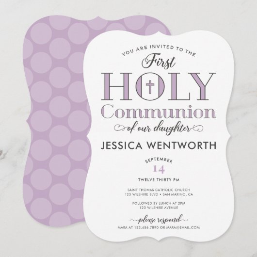 タイポグラフィーのファースト・ホーリー・コミュニオンの娘 招待状 (正面/裏面)