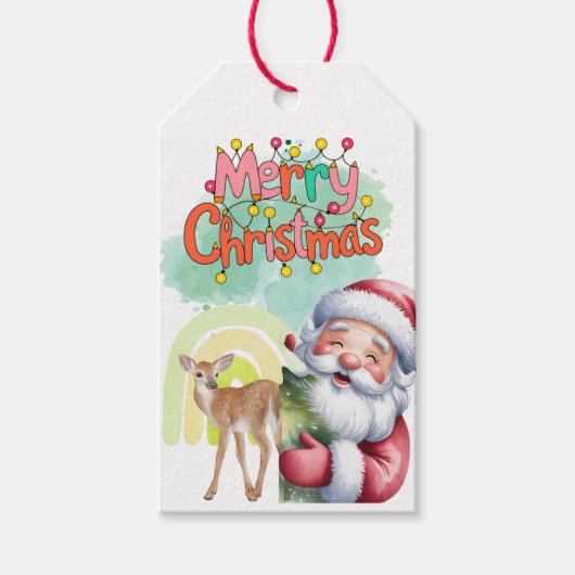 タイポグラフィー メリークリスマスとライトと鹿 ギフトタグ (正面)