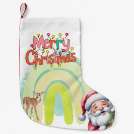 タイポグラフィー メリークリスマスとライトと鹿 スモールクリスマスストッキング