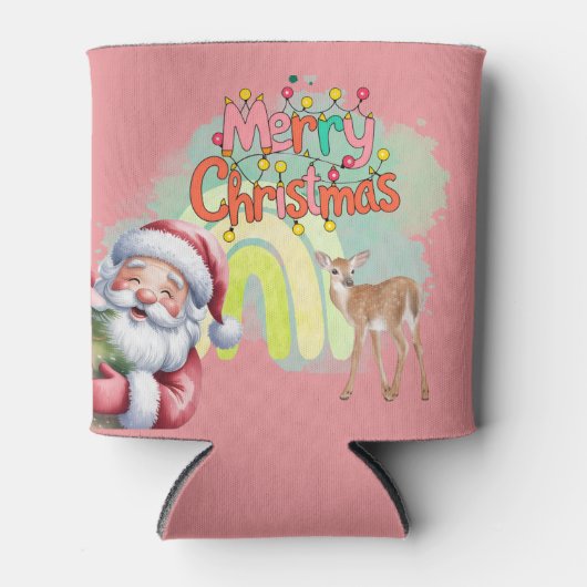 タイポグラフィー メリークリスマスとライトと鹿 缶クーラー (正面)