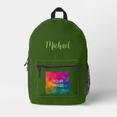 タイポグラフィ名カスタムフォレストグリーン無地のカラー プリントバックパック (正面)