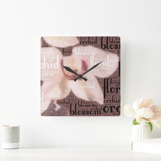 タイポグラフィ埋め込み蘭、フローラ、花の写真 スクエア壁時計 (ホーム)