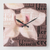タイポグラフィ埋め込み蘭、フローラ、花の写真 スクエア壁時計 (正面)