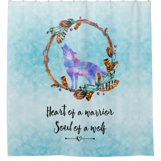 タイポグラフィ引用文と水の色ウルフボホスタイル シャワーカーテン (正面)