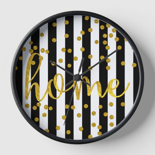 タイポグラフィ引用文ホーム金ゴールド白黒ストライプ 壁時計 (正面)
