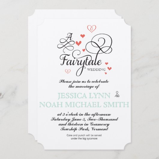 タイポグラフィ引用文ミント&コーラルフェアリー結婚タール 招待状 (正面/裏面)