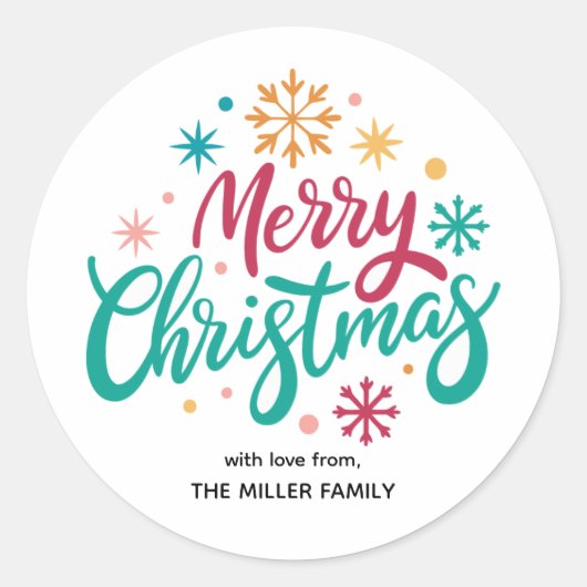 タイポグラフィ星と雪の結晶メリークリスマス ラウンドシール (正面)