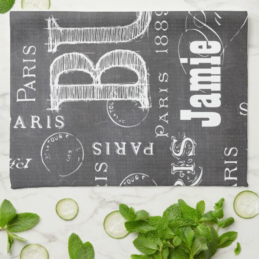 タイポグラフィ書道パリフランスエッフェルタワー キッチンタオル (折り畳み)
