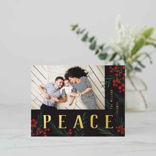 タイポグラフィ植物写真平和 箔シーズンポストカード (立ち正面)