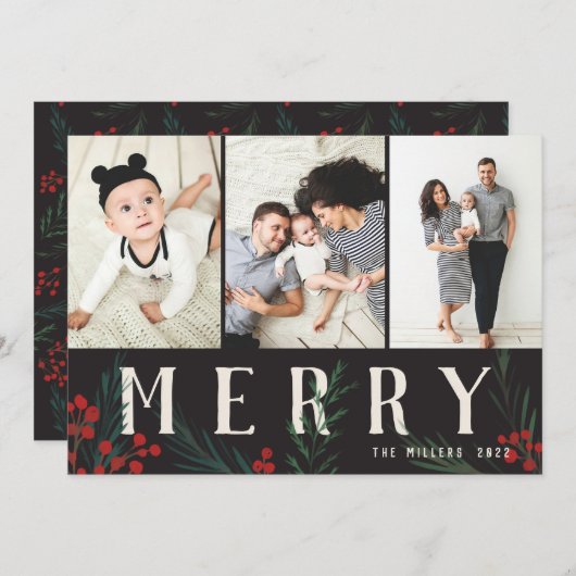 タイポグラフィ植物学3フォトコラージュメリー シーズンカード (正面/裏面)